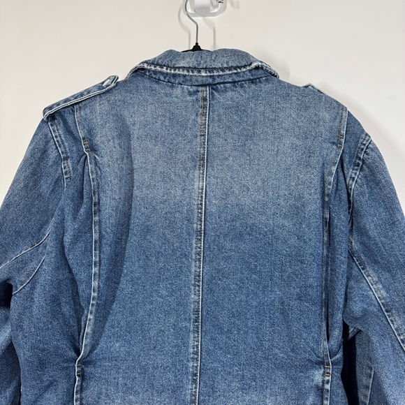 Zara Denim Blue Moto Biker Jean Jacket Distressed Jacket Size L - Picture 6 of 13